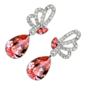 Dangle Earrings 925 Sterling Silver Coated Teardrop with Sparkling Crystal and Butterfly Adorned with White Stones - Garnet Orange Red