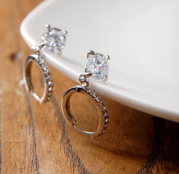 Classic Ladies Hoop Earrings 925 Sterling Silver Coated Round Sparkling Crystal Pendant on Circle with White Stones - Diamond Clear