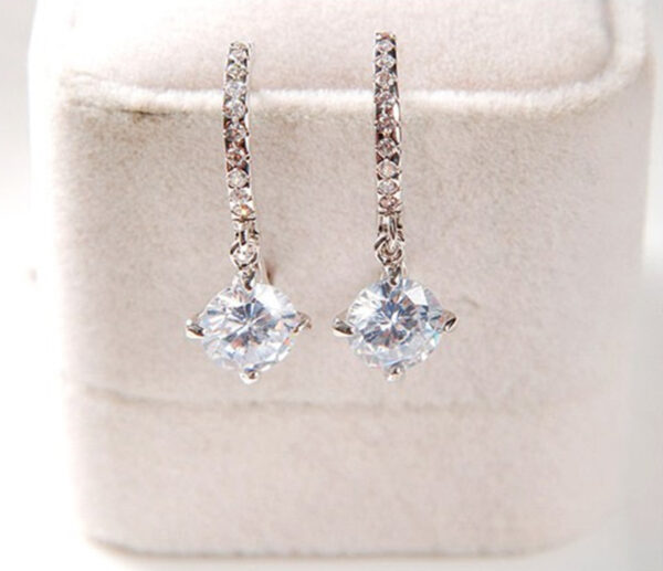 Classic Ladies Hoop Earrings 925 Sterling Silver Coated Round Sparkling Crystal Pendant on Circle with White Stones - Diamond Clear