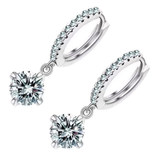 Classic Ladies Hoop Earrings 925 Sterling Silver Coated Round Sparkling Crystal Pendant on Circle with White Stones