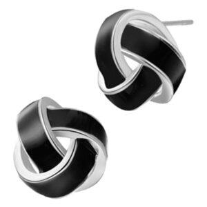 Earrings 925 Sterling Silver Coated Knot with Stripe - Black