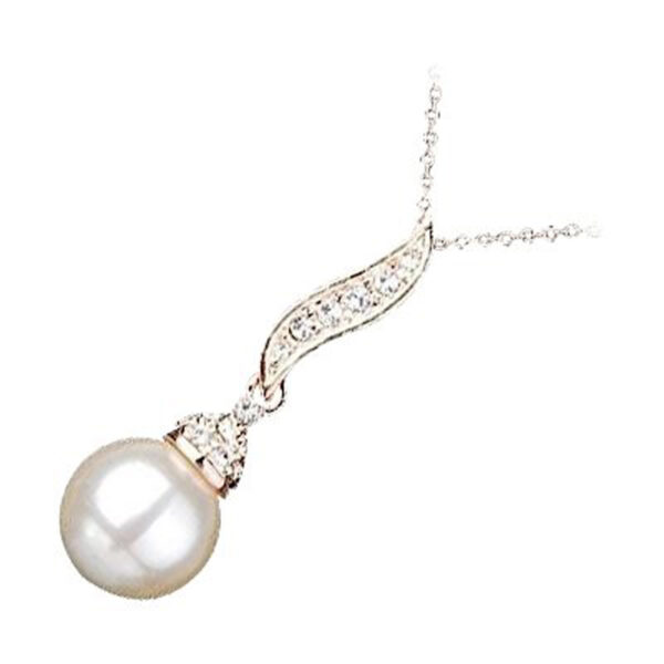 14K Rose Gold Coated Pendant Necklace Faux White Freshwater Pearl with Clear Crystal Elements
