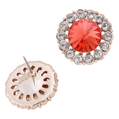 18K Rose Gold Coated Fashion Round Stud Earrings Stone Surrounded with Clear Pave Set Crystal Elements - Ruby Red