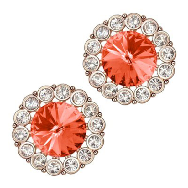 18K Rose Gold Coated Fashion Round Stud Earrings Stone Surrounded with Clear Pave Set Crystal Elements - Ruby Red