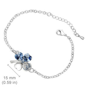 Sterling Silver Coated Bracelet with 4 Heart Shaped Clover Leaves and Stones - Sapphire Blue
