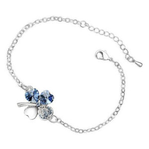 Sterling Silver Coated Bracelet with 4 Heart Shaped Clover Leaves and Stones