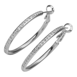 Precious Metal Coated Fashion Hoop Earrings Clear Round Cut Pave Set Crystal Elements - 18ct White Gold