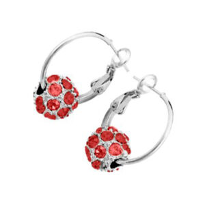 18K White Gold Coated, Coloured Crystal Ball with Pave Set Elements, Fashion Round Hoop Earrings, 25mm Diameter - Ruby Red