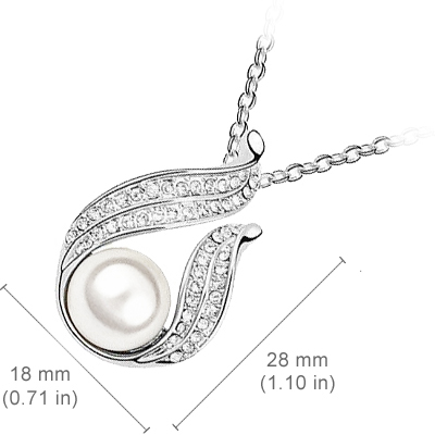 18K White Gold Coated Pendant Necklace with Faux Freshwater Pearl Wrapped in Crystal Elements - White