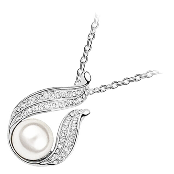 18K White Gold Coated Pendant Necklace with Faux Freshwater Pearl Wrapped in Crystal Elements - White