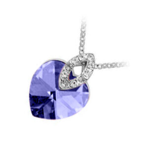 18K White Gold Coated Heart Pendant Necklace with Heart and Oval Clear Crystal Elements - Sapphire Blue