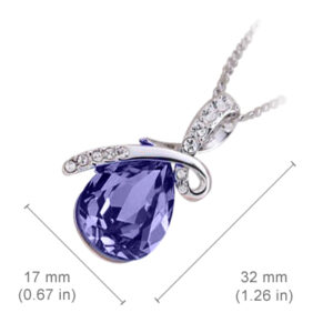 Sterling Silver Coated Drop Shaped Stone Necklace with Bow Covered by Crystals - Purple