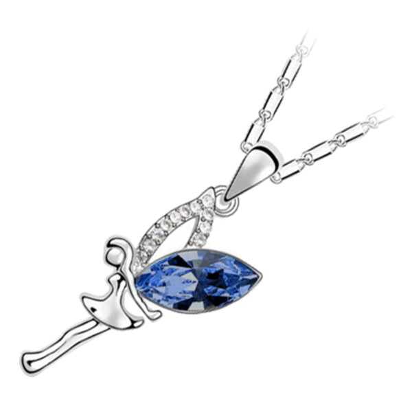 18K White Gold Coated Fashion Pendant Necklace with Angel Wings and Crystal - Sapphire Blue