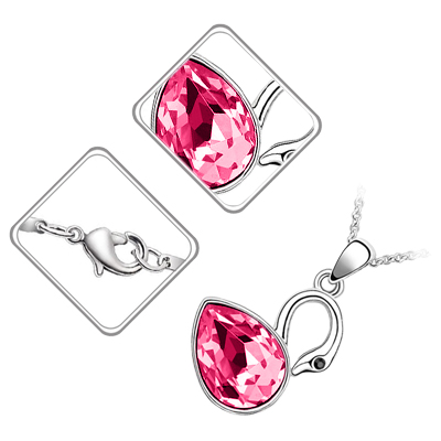 18K White Gold Coated Swan Pendant Necklace with Teardrop Crystal Wings - Pink