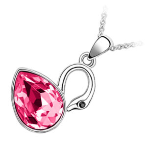 18K White Gold Coated Swan Pendant Necklace with Teardrop Crystal Wings - Pink