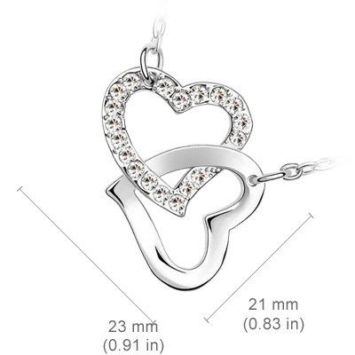 18K White Gold Coated Pendant Necklace with Intertwined Love Hearts and Pave Set Crystal Elements - White