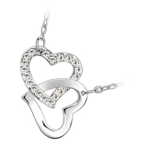 18K White Gold Coated Pendant Necklace with Intertwined Love Hearts and Pave Set Crystal Elements