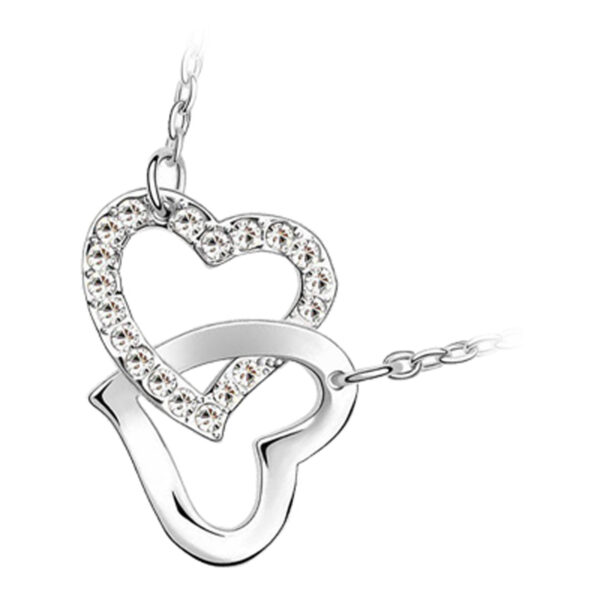 18K White Gold Coated Pendant Necklace with Intertwined Love Hearts and Pave Set Crystal Elements