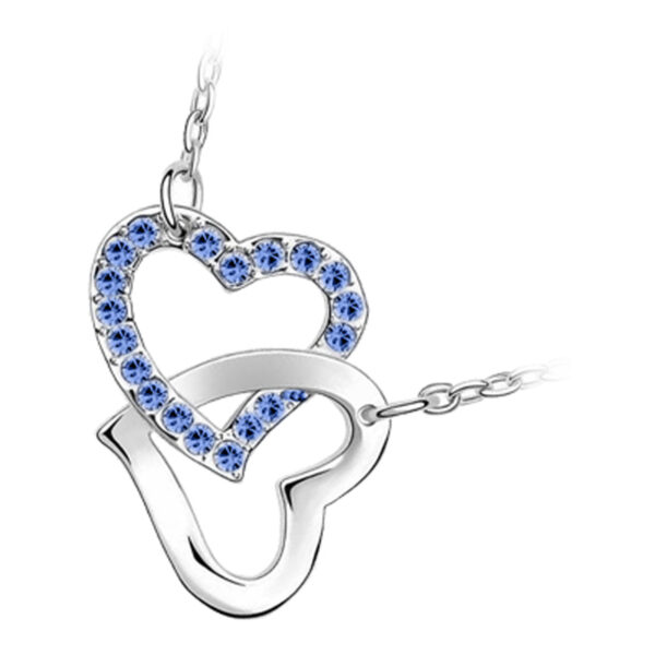 18K White Gold Coated Pendant Necklace with Intertwined Love Hearts and Pave Set Crystal Elements - Aquamarine Blue