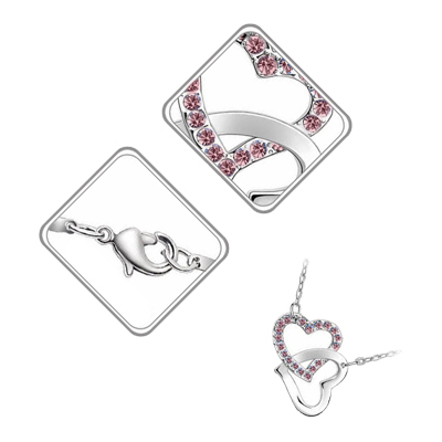 18K White Gold Coated Pendant Necklace with Intertwined Love Hearts and Pave Set Crystal Elements - Pink