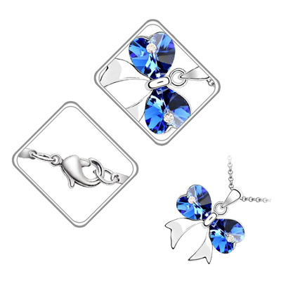 18K White Gold Coated Butterfly Pendant Necklace with Heart Crystal - Sapphire Blue