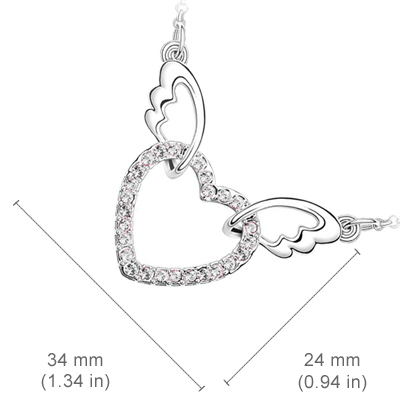 18K White Gold Coated Fashion Pendant Necklace with Love Heart Crystal Elements Angel Wing Chain Bails - White