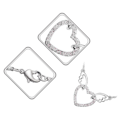 18K White Gold Coated Fashion Pendant Necklace with Love Heart Crystal Elements Angel Wing Chain Bails - Aquamarine Blue