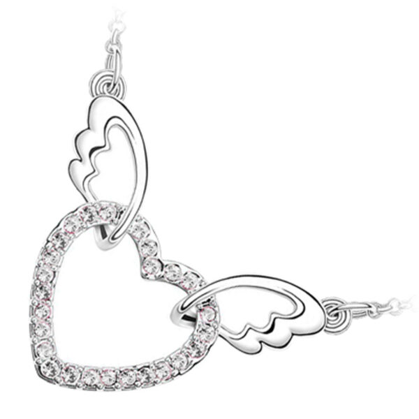 18K White Gold Coated Fashion Pendant Necklace with Love Heart Crystal Elements Angel Wing Chain Bails