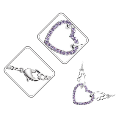 18K White Gold Coated Fashion Pendant Necklace with Love Heart Crystal Elements Angel Wing Chain Bails - Purple