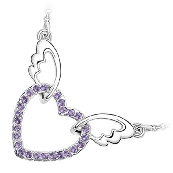18K White Gold Coated Fashion Pendant Necklace with Love Heart Crystal Elements Angel Wing Chain Bails - Purple