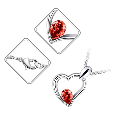 18K White Gold Coated Fashion Pendant Necklace with Teardrop Crystal Heart - Ruby Red