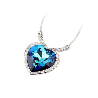18K White Gold Coated Large Love Heart Pendant Necklace with Crystal Elements - Sapphire Blue