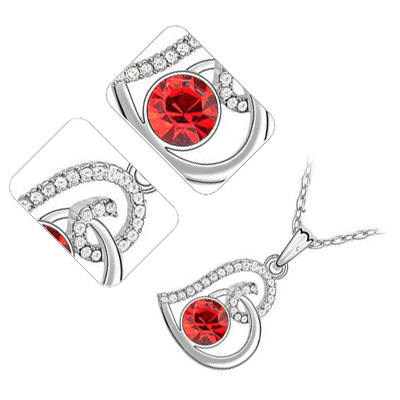 18K White Gold Coated Fashion Pendant Necklace with Love Heart Round and Clear Pave Set Crystals - Ruby Red