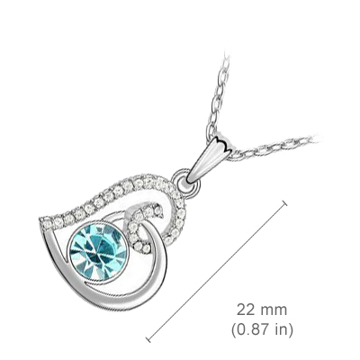 18K White Gold Coated Fashion Pendant Necklace with Love Heart Round and Clear Pave Set Crystals - Aquamarine Blue