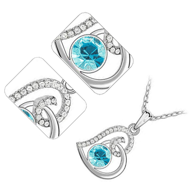 18K White Gold Coated Fashion Pendant Necklace with Love Heart Round and Clear Pave Set Crystals - Aquamarine Blue