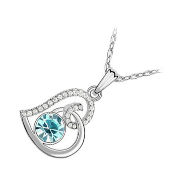 18K White Gold Coated Fashion Pendant Necklace with Love Heart Round and Clear Pave Set Crystals - Aquamarine Blue