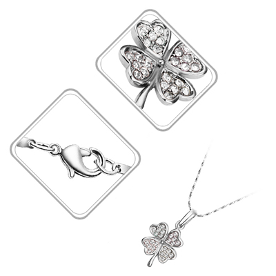 18K White Gold Coated Fashion Pendant Necklace with Four Leaf Clover Love Hearts and Crystal Elements - White