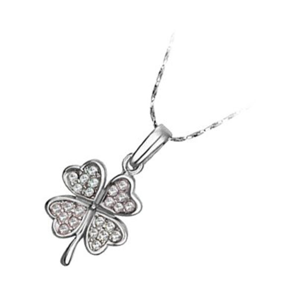 18K White Gold Coated Fashion Pendant Necklace with Four Leaf Clover Love Hearts and Crystal Elements - White