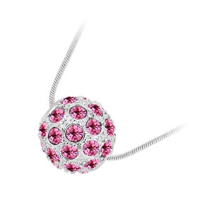 18K White Gold Coated Fashion Pendant Necklace with Crystal Ball and Round Pave Set Crystals - Pink