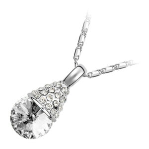 18K White Gold Coated Fashion Pendant Necklace with Faceted Crystal and Clear White Stud Crystals - White