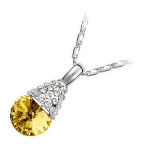 18K White Gold Coated Fashion Pendant Necklace with Faceted Crystal and Clear White Stud Crystals - Topaz Yellow