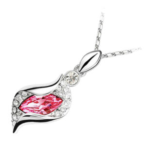Sterling Silver Coated Oval Stone Necklace Covered by Leaf with Crystals - Pink