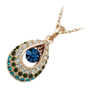 18K Yellow Gold Coated Princess Teardrop Pendant Necklace with Stone and Clear Crystal Elements - Aquamarine Blue