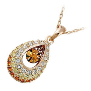 18K Yellow Gold Coated Princess Teardrop Pendant Necklace with Stone and Clear Crystal Elements - Topaz Yellow