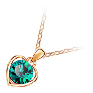 18K Yellow Gold Coated Round Cut Crystal Heart Pendant Necklace - Emerald Green