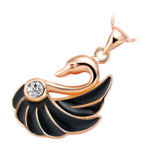 Precious Metal Coated Black Wings Swan Pendant Necklace Adorned with Diamond Clear Crystal
