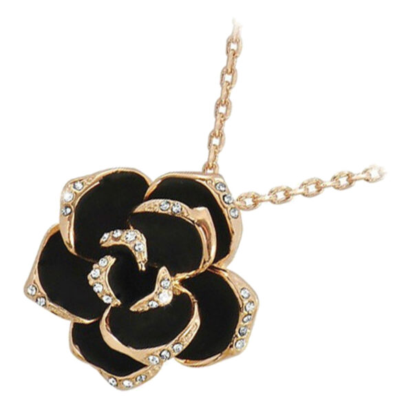 Precious Metal Coated Rosebud Flower Pendant Necklace with Black Leaves Graced with Diamond Clear Crystals