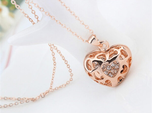 Precious Metal Coated Filigree Heart Pendant Necklace with Sparkling Diamond Clear Crystals - 18ct Rose Gold