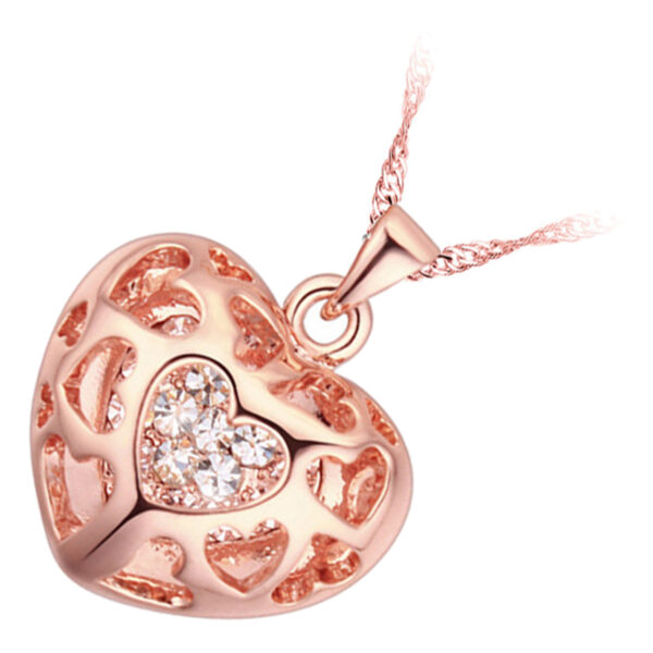 Precious Metal Coated Filigree Heart Pendant Necklace with Sparkling Diamond Clear Crystals - 18ct Rose Gold