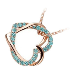 18K Rose Gold Coated Heart Pendant Necklace with Stones Interlocked with Another Heart - Aquamarine Blue